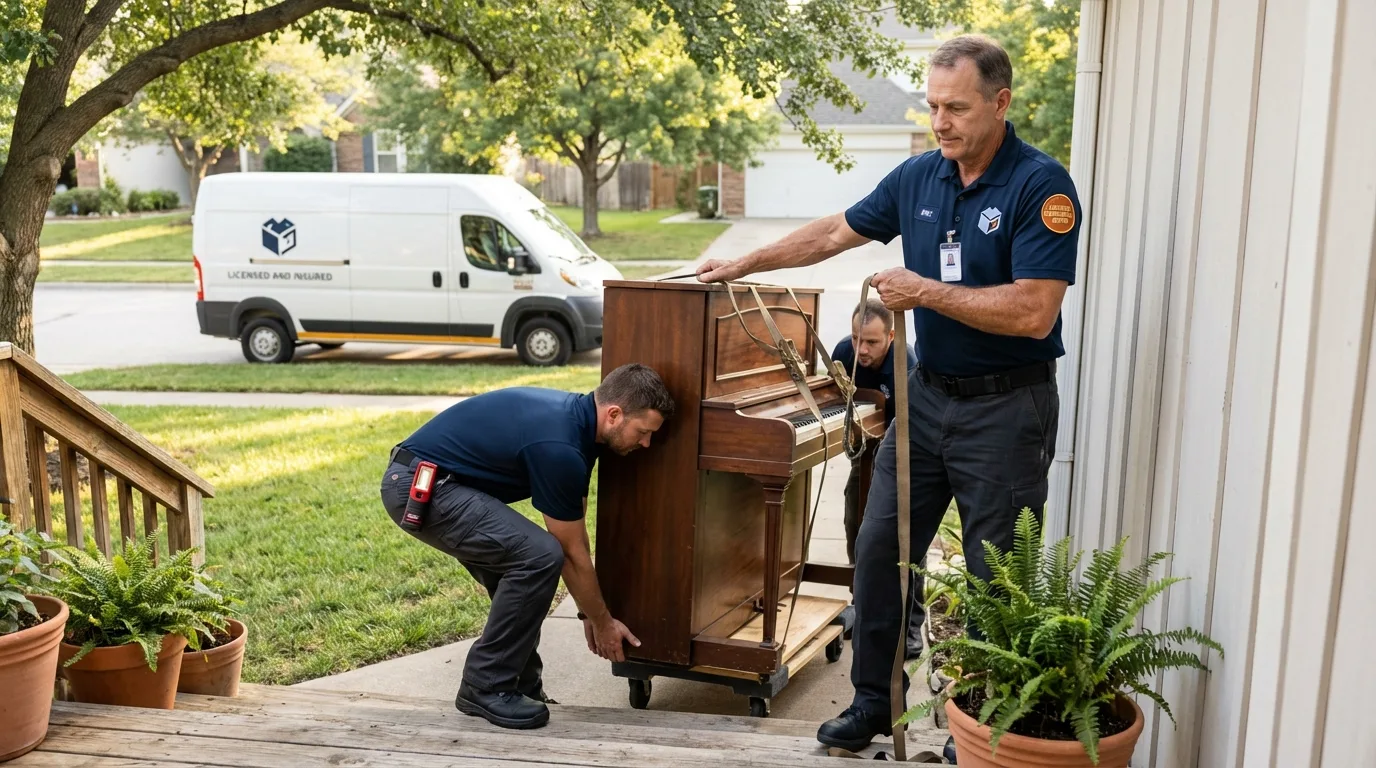 Licensed piano movers securing grand piano in Jackson, AL