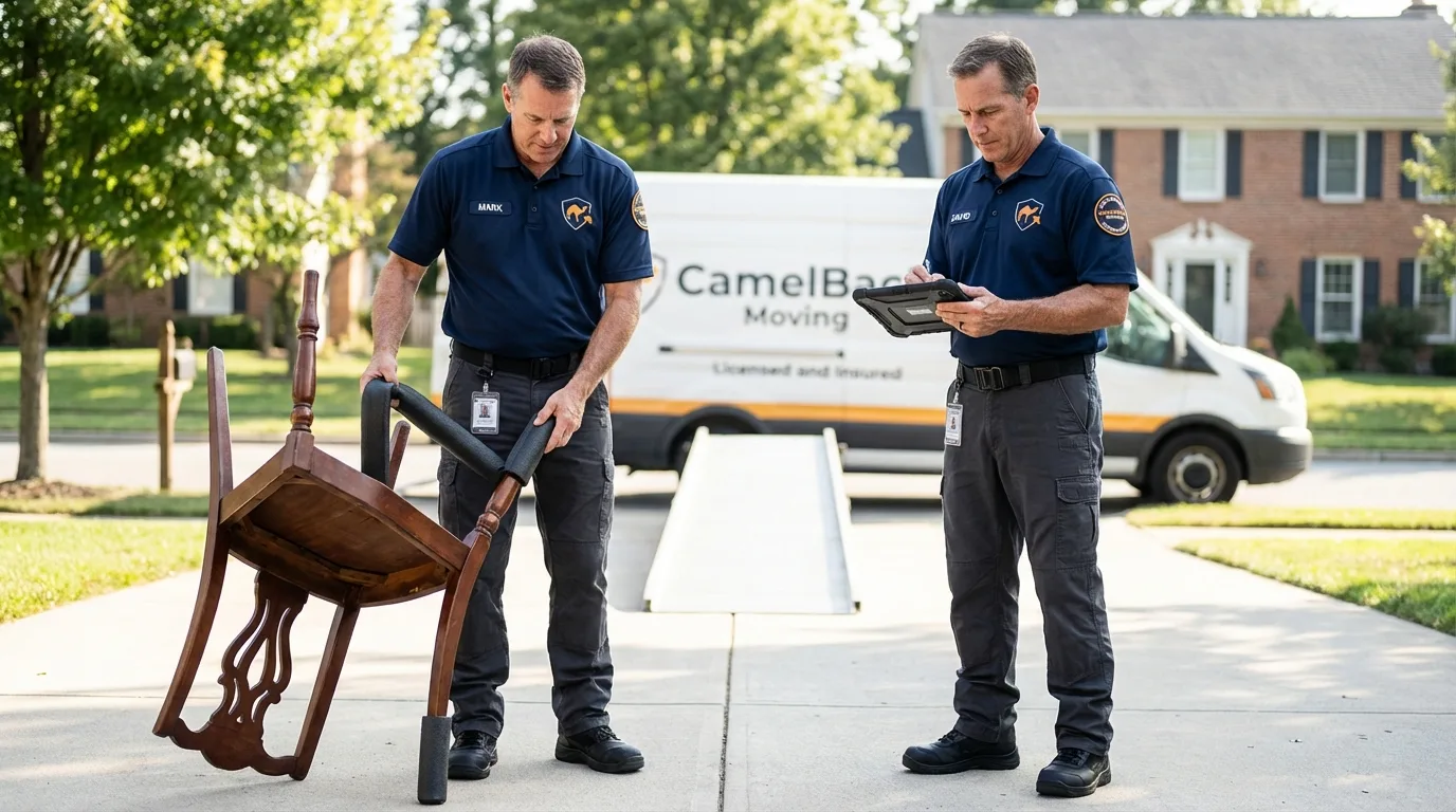 Movers inspecting furniture for damage prevention before loading in Jackson, AL