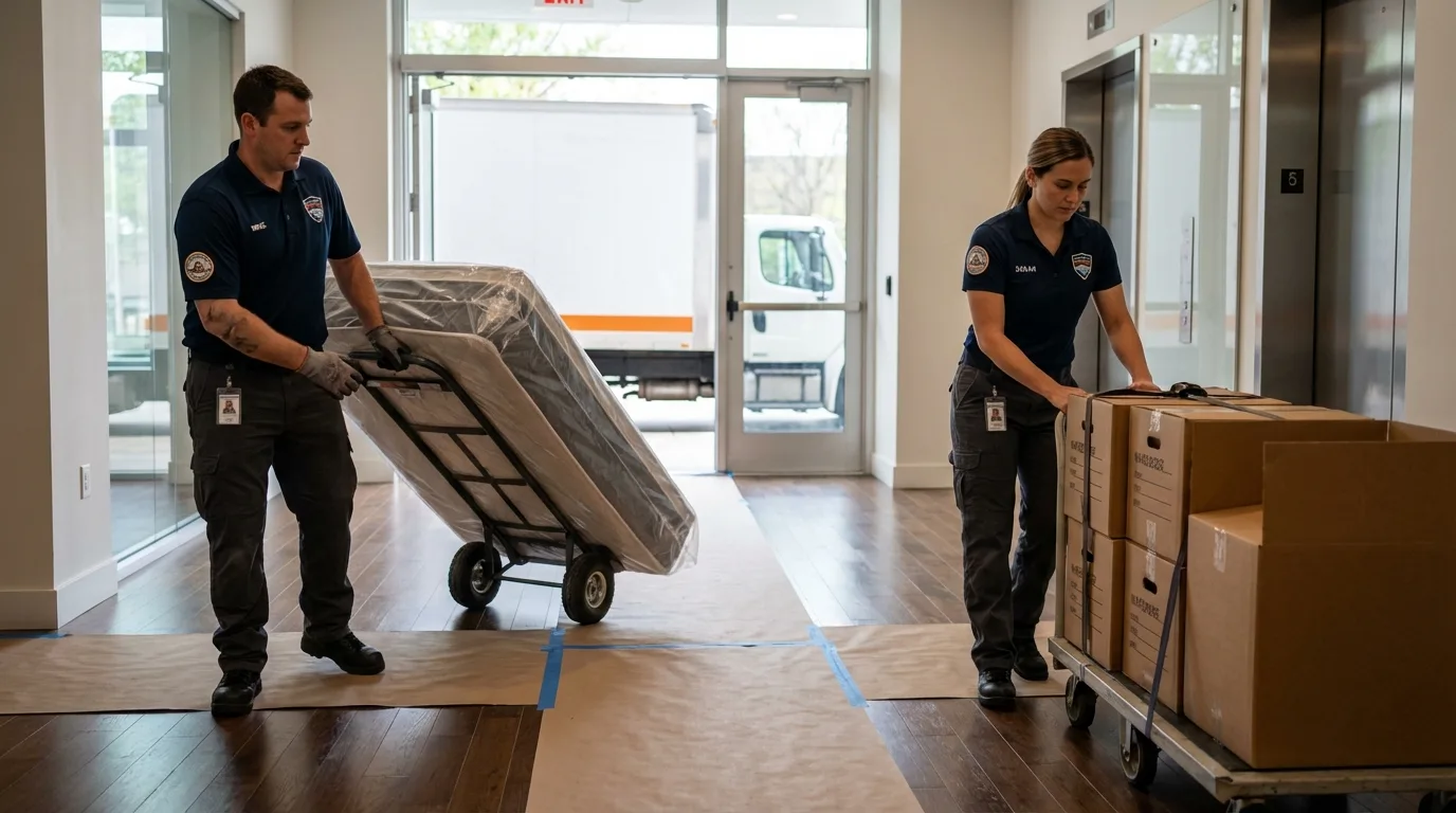 Professional apartment movers loading elevator in Jackson, AL